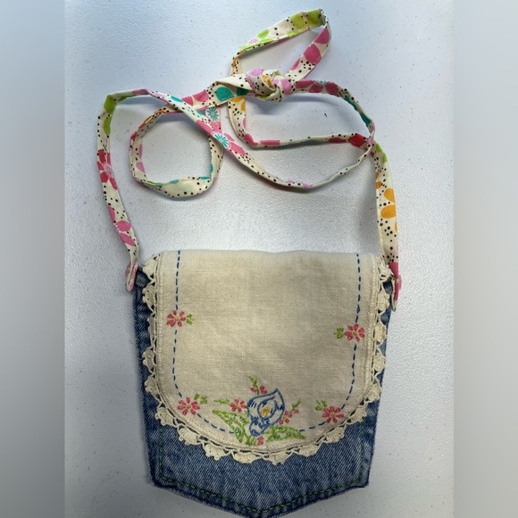 Handmade Upcycled Crossbody Purse, Denim, Vintage Doilie Cover, Handstitched - Picture 1 of 6